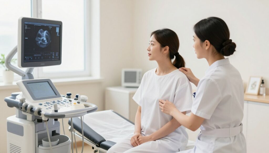 A bright clinical setting for a breast ultrasound, featuring a well-lit examination room with medical equipment clearly visible. In the foreground, a nurse in a professional medical outfit, attentively guiding a woman comfortably seated on an examination table. The woman is wearing a modest hospital gown. The ultrasound machine displays a clear image of a breast, with emphasis on the screen's interface showcasing diagnostic graphics. In the background, soft natural light flows in through a window, casting a serene atmosphere. The colors are soft and inviting, promoting a sense of safety and professionalism. The overall mood is calm and reassuring, ideal for a healthcare environment focused on prenatal and breastfeeding examinations. A bright clinical setting for a breast ultrasound, featuring a well-lit examination room with medical equipment clearly visible. In the foreground, a nurse in a professional medical outfit, attentively guiding a woman comfortably seated on an examination table. The woman is wearing a modest hospital gown. The ultrasound machine displays a clear image of a breast, with emphasis on the screen's interface showcasing diagnostic graphics. In the background, soft natural light flows in through a window, casting a serene atmosphere. The colors are soft and inviting, promoting a sense of safety and professionalism. The overall mood is calm and reassuring, ideal for a healthcare environment focused on prenatal and breastfeeding examinations.