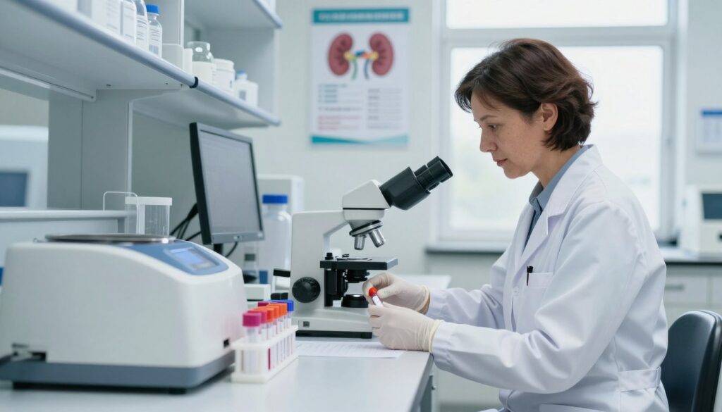 A clinical laboratory setting showcasing a professional technician in a white coat performing a blood test to measure creatinine levels. In the foreground, focus on a clean, well-organized laboratory table with medical equipment such as test tubes, a centrifuge, and a microscope. The technician, a middle-aged Caucasian woman, is handling vials of blood samples with precision, wearing gloves. In the middle, a wall-mounted display presents medical posters about kidney function and lab results, emphasizing the significance of creatinine monitoring. The background features bright, sterile lighting illuminating the room, creating a focused, professional atmosphere, while soft shadows add depth. Capture the image from a slightly elevated angle to emphasize the interaction between the technician and the equipment while maintaining an informative and supportive mood.