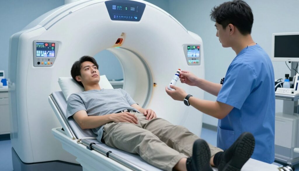 A clinical setting in a hospital, focusing on the preparation area for a contrast-enhanced CT scan. In the foreground, a patient in modest, casual clothing is sitting on a hospital gurney, looking calm and cooperative. A healthcare professional in scrubs is explaining the procedure, holding a contrast agent vial. The middle ground features a state-of-the-art CT scanner, with soft blue and white lighting illuminating the space, creating a reassuring atmosphere. In the background, medical equipment and monitors hint at a professional healthcare environment. The angle captures both the patient and the scanner in a dynamic, slightly elevated perspective, emphasizing the importance of preparation in a medical context.