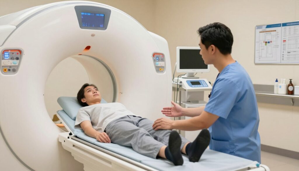 A clinical setting showcasing a patient preparing for an MRI scan with contrast. In the foreground, a medical professional in scrubs, gently explaining the process to a patient seated on a hospital bed, who appears calm and attentive. The middle area is filled with a sleek MRI machine, its smooth exterior reflecting soft, diffused lighting. In the background, a well-organized medical room is visible, featuring charts, monitors, and sterile instruments, all contributing to a professional atmosphere. The overall mood is reassuring yet clinical, with warm, soft lighting emphasizing the importance of trust and care in medical procedures. The angle captures both the patient and the MRI machine effectively, highlighting the contrast in technology and human interaction.