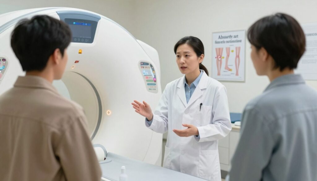 A clinical setting with a clean, bright examination room focused on an MRI machine specifically designed for knee imaging. In the foreground, a well-dressed healthcare professional, wearing a lab coat, is discussing contraindications for MRI with a patient in casual yet modest clothing. The middle ground features clear visual aids or diagrams displaying common absolute and relative contraindications for knee MRI, such as metal implants and pacemakers. The background has soft, diffused lighting accentuating the professionalism of the space while creating a calm atmosphere. The angle should capture both the healthcare provider and the visual aids, emphasizing the informative nature of the setting, ensuring a clear and educational visual without any text or distractions.