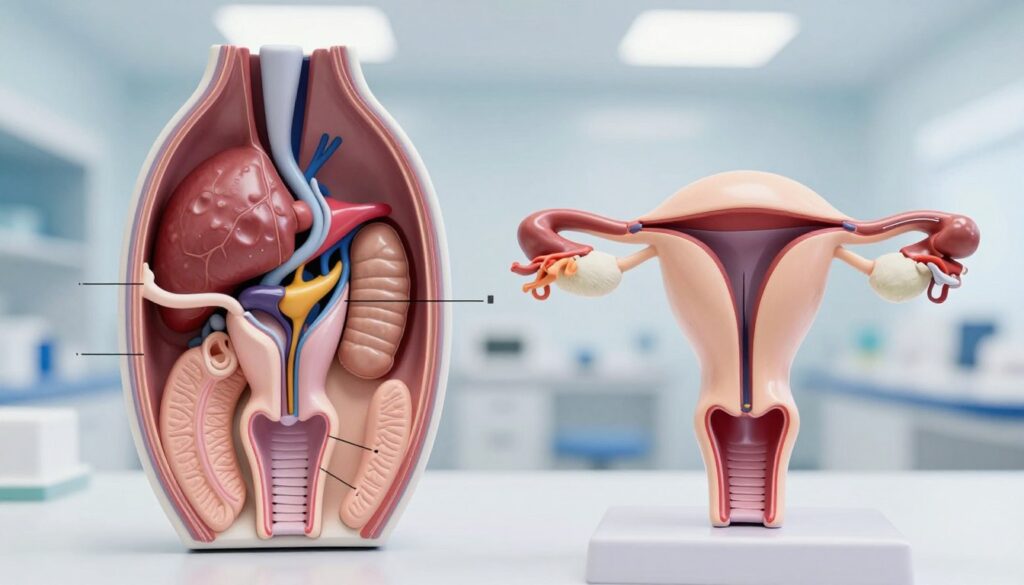 A detailed and educational illustration of the female reproductive organs in a professional medical style. In the foreground, depict a labeled anatomical diagram, highlighting key structures such as the ovaries, fallopian tubes, uterus, and cervix, using clear lines and vibrant colors for distinction. In the middle ground, include a subtle 3D anatomical model showcasing the organs in a slightly rotated view to provide depth. The background should be softly blurred, featuring a color palette of light blue and white, resembling a clean clinical environment. Ensure the lighting is bright and even, mimicking a well-lit medical office. The mood should be informative and serene, aimed at educating viewers on gynecological health.