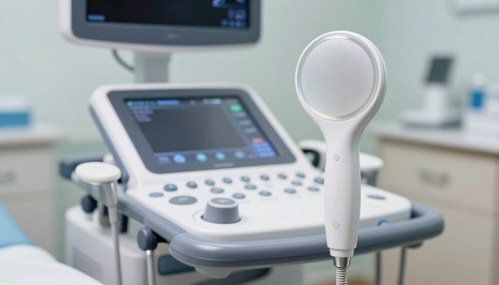 A detailed and realistic image of a mobile ultrasound probe, prominently displayed in the foreground. The probe showcases its sleek design with a smooth, ergonomic handle and a clear, textured ultrasound head. In the middle ground, a portable ultrasound machine is depicted, featuring a touchscreen interface, buttons, and cables, set against a softly blurred clinic environment, suggesting a medical examination room. The background features faint outlines of medical equipment and a calming color palette, creating a professional atmosphere. Soft, diffused lighting highlights the probe, enhancing its features and creating a clean clinical look. The overall mood is focused and informative, emphasizing the technological sophistication and portability of the mobile ultrasound system. A detailed and realistic image of a mobile ultrasound probe, prominently displayed in the foreground. The probe showcases its sleek design with a smooth, ergonomic handle and a clear, textured ultrasound head. In the middle ground, a portable ultrasound machine is depicted, featuring a touchscreen interface, buttons, and cables, set against a softly blurred clinic environment, suggesting a medical examination room. The background features faint outlines of medical equipment and a calming color palette, creating a professional atmosphere. Soft, diffused lighting highlights the probe, enhancing its features and creating a clean clinical look. The overall mood is focused and informative, emphasizing the technological sophistication and portability of the mobile ultrasound system.