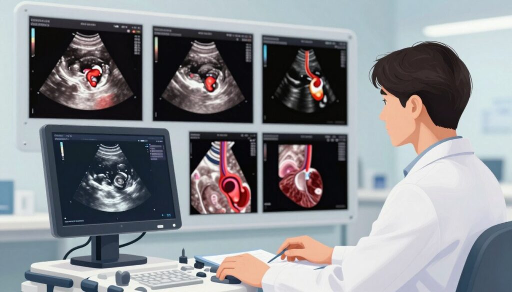A detailed illustration depicting the interpretation of carotid artery ultrasound results. In the foreground, an expert in a white lab coat, standing beside a high-tech ultrasound machine, analyzes colorful ultrasound images displayed on a monitor, highlighting areas of stenosis and blood flow patterns. In the middle ground, include close-up views of digital, color Doppler ultrasound images showing normal and abnormal flow in the carotid arteries, emphasizing key features like narrowing and plaque buildup. The background consists of a modern medical environment with soft, diffused lighting, conveying a professional and informative atmosphere. The overall mood is clinical and educational, focusing on understanding cardiovascular health through ultrasound examination.