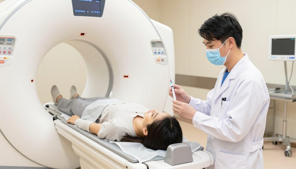 A detailed illustration of a medical magnet resonance imaging (MRI) machine in a clinical setting, showcasing the process of administering contrast dye. In the foreground, a medical professional, dressed in a white lab coat and scrubs, is preparing a syringe filled with a vivid contrast agent, with a focused and professional expression. The middle ground features a patient lying on the MRI table, looking calm and relaxed, as the machine encircles their head and neck region. The background displays a modern, well-lit MRI room with clean, sterile surfaces and essential medical equipment. Soft, even lighting enhances the clinical atmosphere, with warm tones creating a reassuring mood while emphasizing the importance of the procedure. The image conveys professionalism and care in medical imaging. A detailed illustration of a medical magnet resonance imaging (MRI) machine in a clinical setting, showcasing the process of administering contrast dye. In the foreground, a medical professional, dressed in a white lab coat and scrubs, is preparing a syringe filled with a vivid contrast agent, with a focused and professional expression. The middle ground features a patient lying on the MRI table, looking calm and relaxed, as the machine encircles their head and neck region. The background displays a modern, well-lit MRI room with clean, sterile surfaces and essential medical equipment. Soft, even lighting enhances the clinical atmosphere, with warm tones creating a reassuring mood while emphasizing the importance of the procedure. The image conveys professionalism and care in medical imaging.