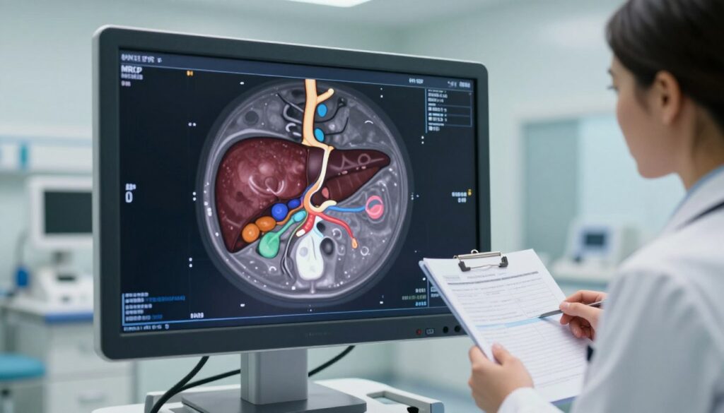 A detailed illustration of an MRCP (Magnetic Resonance Cholangiopancreatography) scan displaying the bile ducts. In the foreground, highlight the digital screen of a medical imaging machine showcasing clear, colorful, and intricate images of the liver and biliary tree, emphasizing the contrast between healthy structures and any abnormalities. In the middle ground, depict a healthcare professional, dressed in a white lab coat and holding a medical chart, analyzing the scan. In the background, create an ambient hospital setting with soft lighting, emphasizing a sterile, professional environment. The overall mood should be clinical, informative, and focused on medical examination, capturing the essence of diagnostic imaging.