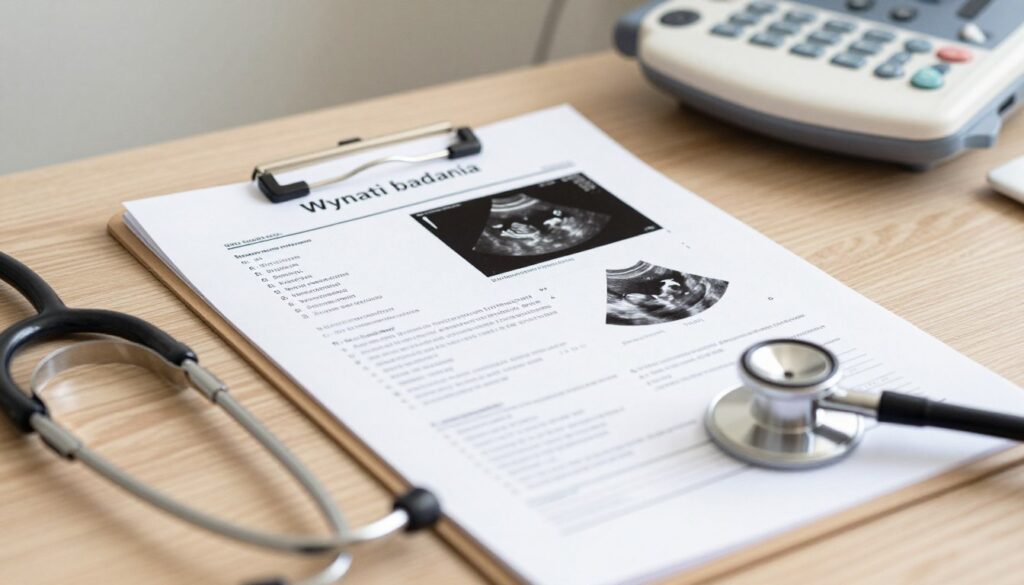 A detailed medical report titled "Wyniki badania" displayed on a wooden desk, showcasing clean and organized results with graphs and charts. In the foreground, a soft-focus view of a stethoscope and a patient file, hinting at the medical context. In the middle ground, the report itself, featuring visually appealing formatting, with diagrams of ultrasound images and annotations, rendered in a clear, professional layout. The background should include softly blurred images of medical equipment, such as an ultrasound machine, hinting at a clinical environment. The lighting is warm and inviting, creating a professional yet approachable atmosphere that conveys clarity and trust in the medical process.