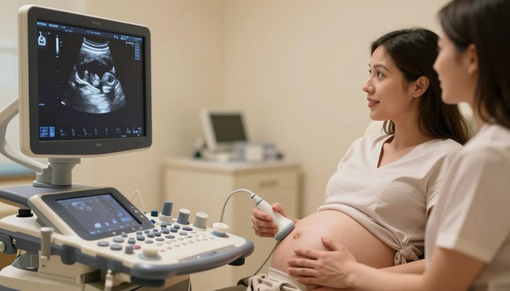 A detailed ultrasound image depicting a pregnant woman in a calm, clinical setting, showcasing her abdomen with the ultrasound probe positioned on it. The foreground features the ultrasound device with a clear screen displaying the gestational age markers and a baby profile. In the middle ground, the woman, wearing a modest, professional gown, looks engagingly at the screen, her expression a mix of curiosity and joy. The background is softly blurred, hinting at a medical office with gentle lighting to create a warm atmosphere. The focus is on the connection between the woman and her unborn child, emphasizing the significance of ultrasound in determining pregnancy age, with soft, warm hues enhancing the emotional tone of the image.