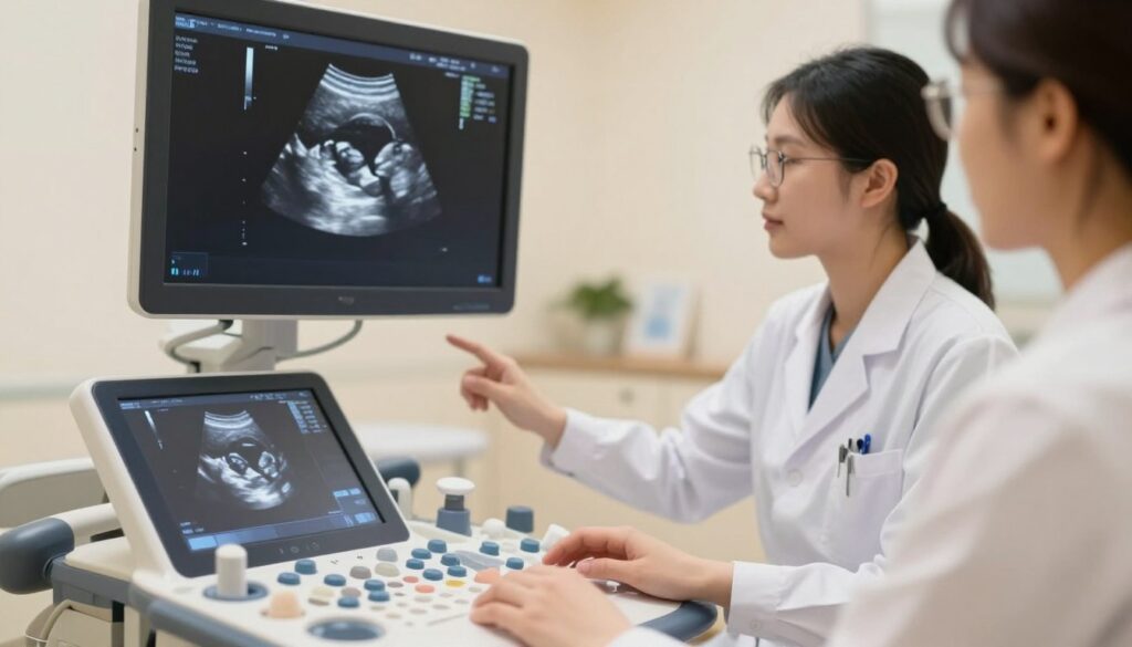 A detailed ultrasound image of a 9-week pregnant woman's abdomen, showing a clear and subtle outline of the developing fetus. The foreground captures the ultrasound machine display with images of the fetus in detail, emphasizing the early stages of development. In the middle, a soft focus on a healthcare professional, wearing a white lab coat and glasses, attentively analyzing the ultrasound scan, reflecting professionalism and care. The background consists of a light, calming clinic environment with warm, inviting lighting that creates a soothing atmosphere. Emphasize a serene mood, highlighting the anticipation of learning the fetus's gender. The image should have a soft and clear focus, depicting the technological aspect of modern medical imaging.