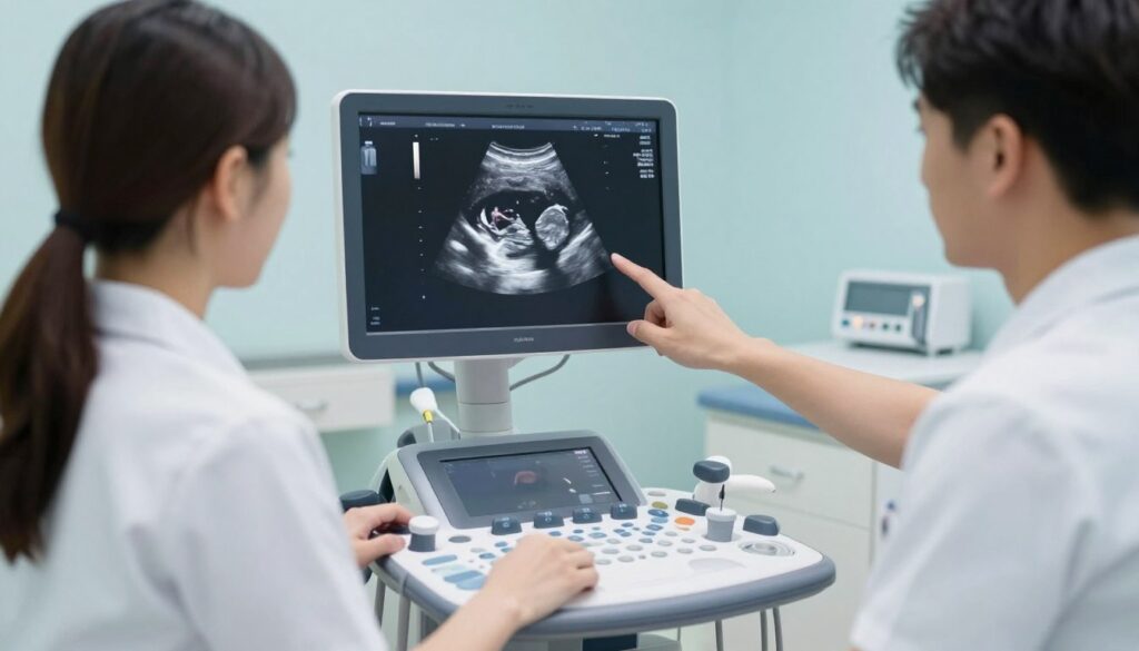 A detailed ultrasound image showing the determination of a baby boy's gender, with a focus on the ultrasound technician, dressed in a professional outfit, carefully examining the monitor displaying the ultrasound results. The foreground features the technician, who is attentively pointing at the screen where the genitalia is clearly visible, indicating the boy's sex. In the middle, the ultrasound machine is highlighted, with medical instruments neatly arranged. The background consists of a softly lit, clinic-like environment, with calming colors and medical equipment subtly placed. Soft overhead lighting enhances the serene atmosphere, conveying a sense of professionalism and care. The image should evoke a mood of anticipation and joy, suitable for illustrative purposes.