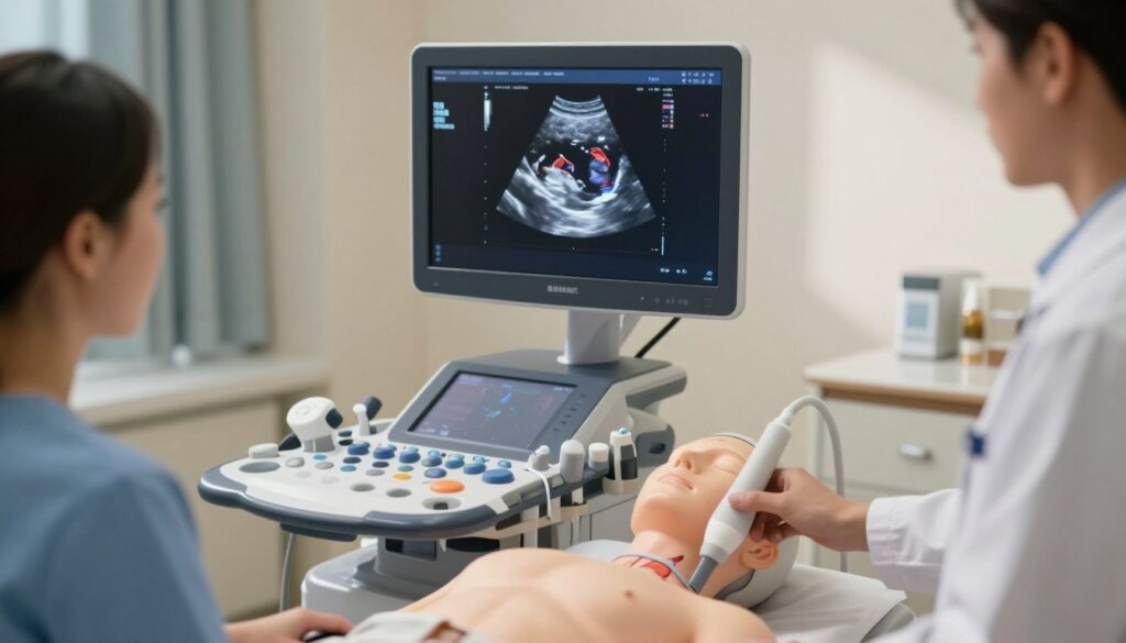 A detailed ultrasound machine displaying a digital screen showing an ultrasound scan with contrast agent highlights. In the foreground, the scanning probe is carefully positioned over a model representing human anatomy, showcasing the enhanced blood flow and tissue structure illuminated by lively colors, indicating the effectiveness of the contrast medium. The background includes a well-organized medical examination room with soft, natural lighting casting gentle shadows, enhancing the clinical yet calm atmosphere. The entire composition should convey a sense of precision and professionalism, suitable for a medical article, while ensuring all subjects, including any medical staff depicted, are dressed in professional attire, such as scrubs or lab coats.