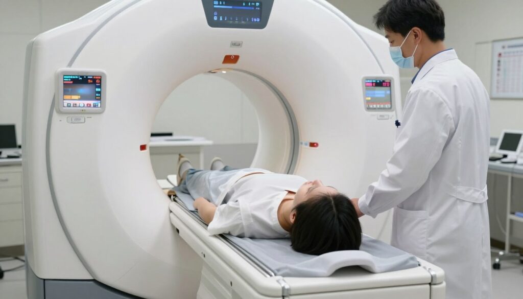 A detailed view of an MRI machine in a modern hospital setting, focusing on the area of the neck. In the foreground, a sleek, well-lit MRI scanner is center stage, with a professional technician, dressed in a lab coat, preparing the machine for a neck scan. In the middle ground, a patient, wearing a medical gown, is calmly lying on the examination table, with their head positioned inside the MRI machine. In the background, blurred hospital equipment and medical charts provide context without distraction. The lighting is bright and clinical, enhancing the sterile atmosphere of a medical facility. The composition captures a serene yet focused mood, emphasizing the importance of neck imaging in medical diagnostics. A detailed view of an MRI machine in a modern hospital setting, focusing on the area of the neck. In the foreground, a sleek, well-lit MRI scanner is center stage, with a professional technician, dressed in a lab coat, preparing the machine for a neck scan. In the middle ground, a patient, wearing a medical gown, is calmly lying on the examination table, with their head positioned inside the MRI machine. In the background, blurred hospital equipment and medical charts provide context without distraction. The lighting is bright and clinical, enhancing the sterile atmosphere of a medical facility. The composition captures a serene yet focused mood, emphasizing the importance of neck imaging in medical diagnostics.