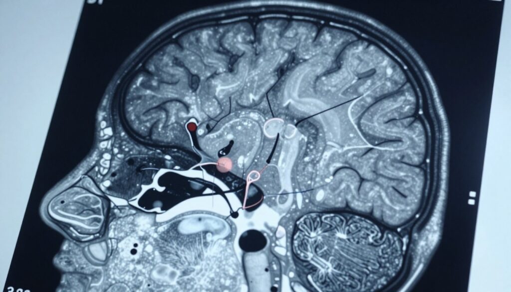 A detailed view of an MRI scan of the human brain, showcasing the intricate structures and any potential anomalies indicative of epilepsy. The image should focus on a high-resolution section of the brain's regions such as the temporal lobe and hippocampus, which can reveal significant changes linked to seizure activity. The foreground should highlight the MRI slices with clear contrast to emphasize any irregularities, while the middle ground should show the surrounding brain tissue in natural colors. The background should be softly blurred to enhance clarity. The lighting should be soft and even, simulating a clinical environment, with a slight blue tint to convey a professional and sterile atmosphere. Capture the image from a slightly angled perspective to add depth and detail.