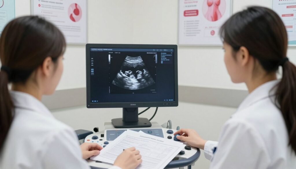 A focused medical examination scene featuring a healthcare professional analyzing ultrasound images on a computer screen in a well-lit room. In the foreground, a female doctor in professional attire, wearing a lab coat, intently studies the ultrasound scan of a breast, displaying symptoms requiring attention. In the middle ground, a detailed view of the ultrasound machine is visible, surrounded by medical charts and a serene, organized workspace. The background showcases a wall adorned with medical posters about breast health and early detection. Soft, diffused lighting creates a calm and reassuring atmosphere, emphasizing the importance of timely medical evaluation. The image is shot from a slightly elevated angle, enhancing focus on the care being provided. A focused medical examination scene featuring a healthcare professional analyzing ultrasound images on a computer screen in a well-lit room. In the foreground, a female doctor in professional attire, wearing a lab coat, intently studies the ultrasound scan of a breast, displaying symptoms requiring attention. In the middle ground, a detailed view of the ultrasound machine is visible, surrounded by medical charts and a serene, organized workspace. The background showcases a wall adorned with medical posters about breast health and early detection. Soft, diffused lighting creates a calm and reassuring atmosphere, emphasizing the importance of timely medical evaluation. The image is shot from a slightly elevated angle, enhancing focus on the care being provided.