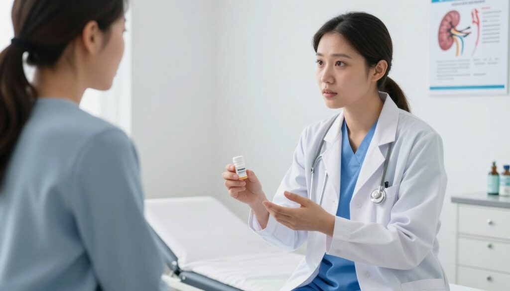 A healthcare professional, dressed in a white lab coat and blue scrubs, stands beside a patient sitting on an examination table in a bright, sterile room. The healthcare worker is engaged in a discussion about the medication Metformin, focusing on its effects on kidney function before a contrast-enhanced CT scan. In the background, a medical chart detailing kidney health is partially visible on the wall, underscoring the topic. Soft, natural lighting illuminates the scene, creating a calm and informative atmosphere. The image captures a close-up perspective, emphasizing the seriousness of the discussion while evoking trust and professionalism. The setting is clean and functional, characteristic of a modern medical facility.