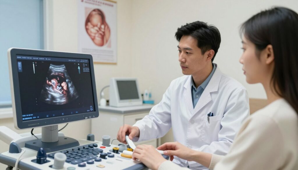 A highly detailed ultrasound image showcasing fetal measurements in a clinical setting. In the foreground, display a close-up of an ultrasound monitor with clear images of a fetus, highlighting key dimensions such as biparietal diameter, head circumference, and femur length. In the middle, a knowledgeable healthcare professional, dressed in a white lab coat, gently guides a pregnant woman through the ultrasound procedure, both focused on the monitor. The background features a modern ultrasound room with soft, professional lighting, instruments, and medical posters illustrating fetal development. The atmosphere is calm and reassuring, aimed at conveying the precision and care involved in gestational age determination through ultrasound measurements.