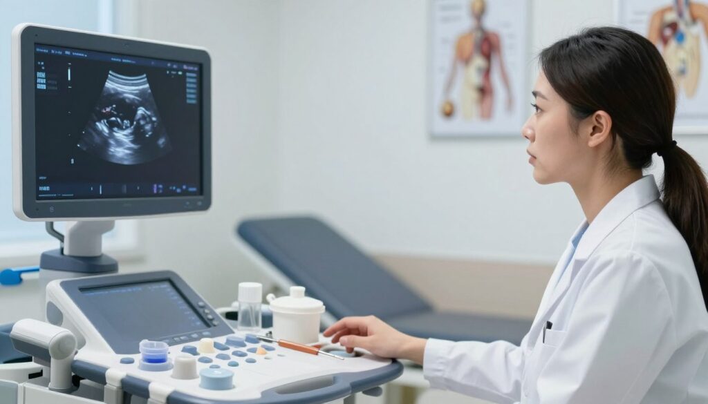 A medical examination room with a focus on an ultrasound machine displaying an image of an ectopic pregnancy on the screen, capturing the intricate details of the abnormality. In the foreground, a female medical professional in a white lab coat attentively observes the ultrasound, with an expression of concentration and concern. In the middle ground, the ultrasound gel and instruments are neatly arranged on a sterile, well-lit examination table. The background features soft, diffused lighting that creates a calm atmosphere, with medical charts and anatomical models subtly visible on the walls. The overall mood is serious and informative, emphasizing the importance of early detection and assessment in unusual pregnancy cases. A medical examination room with a focus on an ultrasound machine displaying an image of an ectopic pregnancy on the screen, capturing the intricate details of the abnormality. In the foreground, a female medical professional in a white lab coat attentively observes the ultrasound, with an expression of concentration and concern. In the middle ground, the ultrasound gel and instruments are neatly arranged on a sterile, well-lit examination table. The background features soft, diffused lighting that creates a calm atmosphere, with medical charts and anatomical models subtly visible on the walls. The overall mood is serious and informative, emphasizing the importance of early detection and assessment in unusual pregnancy cases.