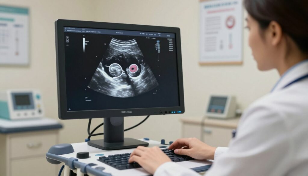 A medical illustration depicting an ectopic pregnancy, showcasing a detailed ultrasound image on a monitor in a clinical setting. In the foreground, a professional physician in a lab coat analyzes the ultrasound, with focused expression and modest attire. The middle ground features a clear view of the ultrasound screen displaying an enlarged fallopian tube with an adhering embryo, annotated with labels indicating critical features. The background shows a well-lit examination room with neutral colors, medical equipment, and charts. Soft lighting creates a somber yet informative atmosphere, emphasizing the urgency and significance of timely detection in medical practice. A medical illustration depicting an ectopic pregnancy, showcasing a detailed ultrasound image on a monitor in a clinical setting. In the foreground, a professional physician in a lab coat analyzes the ultrasound, with focused expression and modest attire. The middle ground features a clear view of the ultrasound screen displaying an enlarged fallopian tube with an adhering embryo, annotated with labels indicating critical features. The background shows a well-lit examination room with neutral colors, medical equipment, and charts. Soft lighting creates a somber yet informative atmosphere, emphasizing the urgency and significance of timely detection in medical practice.