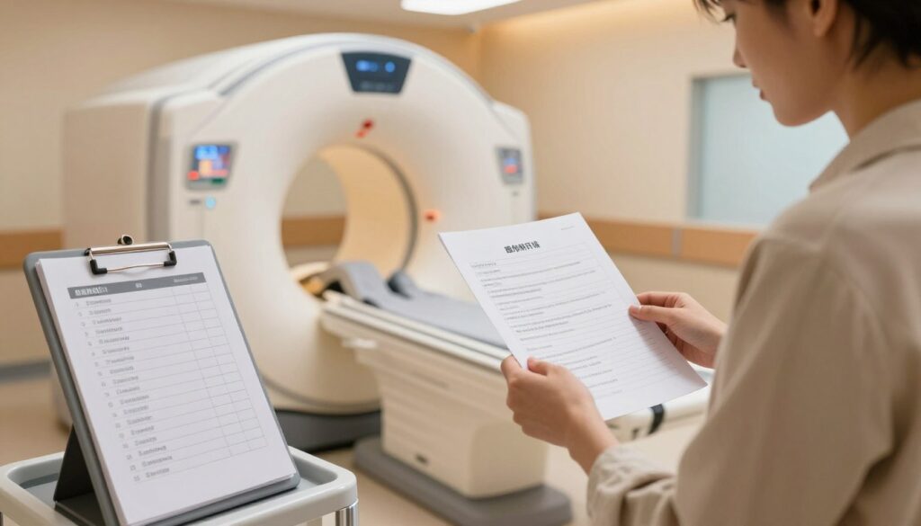 A medical preparation scene focused on knee MRI guidelines. In the foreground, there’s a well-organized checklist with items like comfortable clothing, an ID card, and instructions for the MRI. A patient, dressed in modest casual attire, studies the checklist with a look of concentration. In the middle ground, an MRI machine is prominently featured, surrounded by medical equipment and a soothing atmosphere. The background shows a softly lit hospital corridor with calming colors, enhancing the sense of safety and professionalism. The overall mood is reassuring and informative, emphasizing the importance of preparation for an upcoming knee MRI examination. The lighting is warm and inviting, with soft shadows to create a welcoming environment.