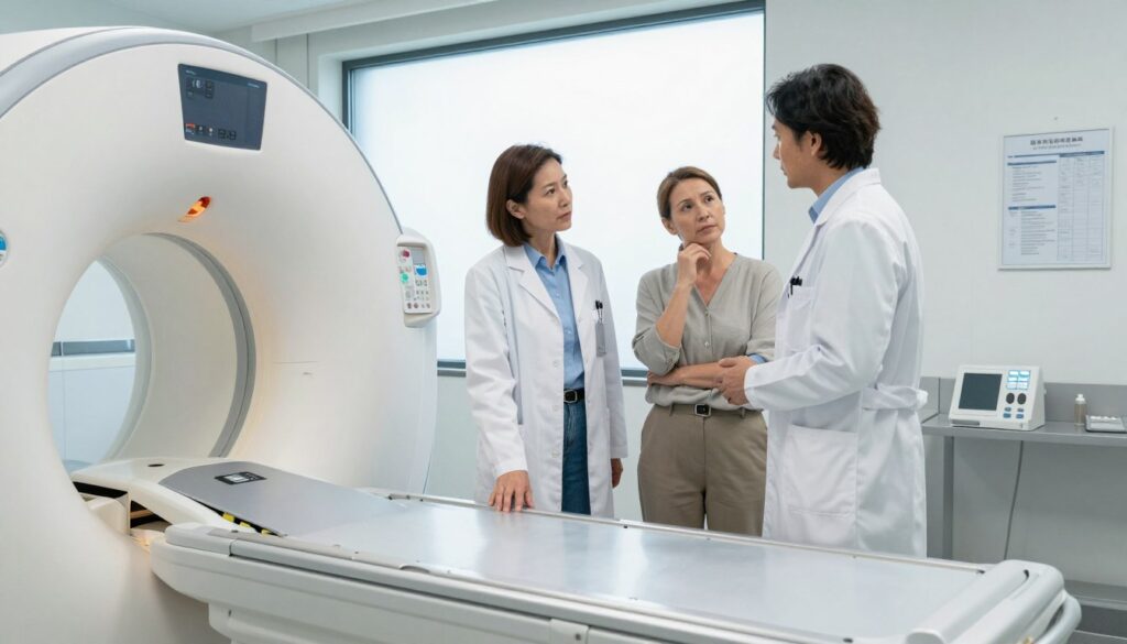 A medical professional in a white lab coat stands beside an advanced MRI machine in a bright and sterile examination room. The foreground features the detailed controls of the MRI device, with soft reflections on its metallic surface. In the middle, the professional, a middle-aged woman with short brown hair, is discussing the procedure with a patient, who appears thoughtful and curious, dressed in modest casual attire. The background showcases a large window letting in soft, natural light, casting a calm ambiance. The room is organized, with medical charts and equipment neatly arranged. The overall mood conveys professionalism and trust, emphasizing the importance of understanding MRI technology and its pricing factors.