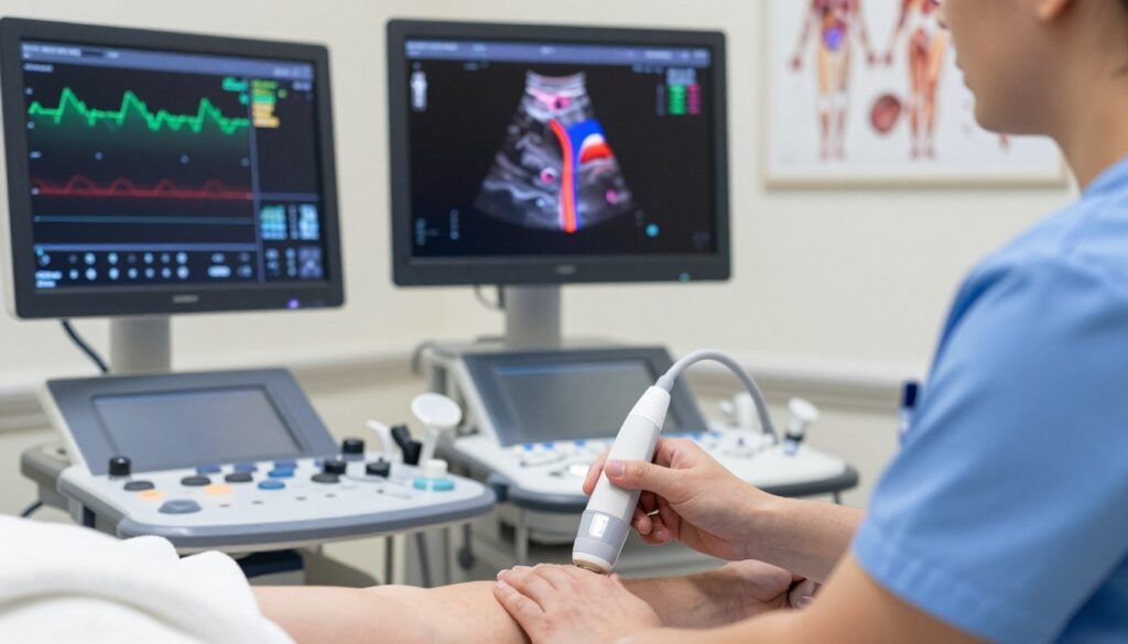 A medical ultrasound image depicting a Doppler examination of veins and arteries, focusing on the detailed visual representation of blood flow patterns. In the foreground, display a high-tech ultrasound transducer held by a healthcare professional, dressed in scrubs, gently positioned on a patient's arm, with clear indications of blood flow color coding (red and blue). The middle ground features a computer screen with a vibrant Doppler waveform and vascular images, illustrating various states of blood vessels. In the background, depict a clean, well-lit clinical environment with medical equipment and anatomical diagrams on the walls. The overall mood is clinical and informative, emphasizing precision and advanced medical diagnostics. Use soft, natural lighting to enhance clarity and realism, shot from a slightly elevated angle for depth.