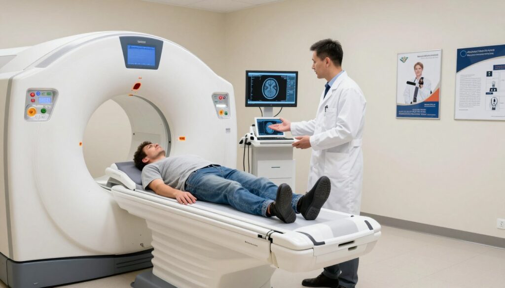 A modern MRI (Magnetic Resonance Imaging) room focusing on a high-tech machine designed for head scans. In the foreground, a clean, spacious examination area featuring the MRI machine bathed in soft, diffused lighting, creating a calm atmosphere. A professional health technician, dressed in a crisp lab coat, stands beside the machine, explaining the procedure to a patient in modest casual clothing, who appears relaxed but slightly curious. The middle ground includes diagnostic monitors displaying brain scan images, emphasizing the medical context. In the background, light-colored walls decorated with educational posters about MRI procedures enhance the informative setting. The scene captures a sense of professionalism, reassurance, and advanced medical technology, highlighting the importance of head MRI scans funded by the National Health Fund (NFZ) and private options.