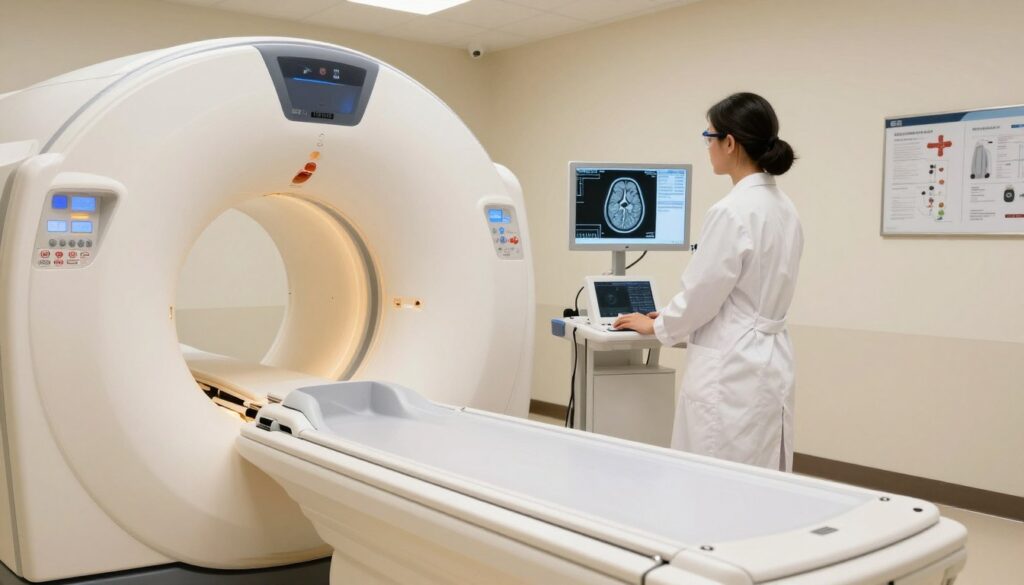 A modern MRI machine in a well-lit medical imaging room. In the foreground, the sleek, white MRI scanner is visible, illuminated by soft, bright lighting that enhances its clean design. The middle section shows a medical professional, wearing a lab coat and safety goggles, attentively monitoring the MRI display on a screen, which reveals detailed brain images. The background features subtle medical equipment and charts, creating a clinical atmosphere. The overall mood is serious yet focused, emphasizing the importance of MRI in diagnosing mental health conditions. Captured with a wide-angle lens, showcasing the environment, while ensuring sharp details and a warm color palette.