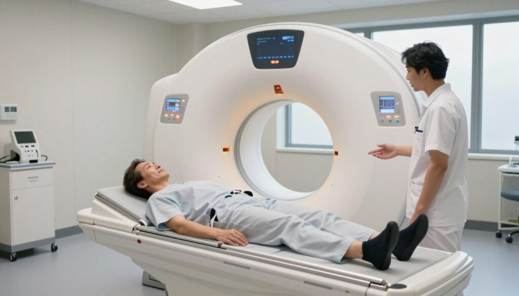 A modern MRI scanning room with an emphasis on a patient lying on the MRI bed, preparing for a non-contrast MRI examination. The foreground features the patient, a middle-aged person dressed in modest hospital attire, looking calm and relaxed, with a clinician nearby explaining the procedure gently. In the middle ground, the sleek, white MRI machine is prominent, with its circular opening and soft, ambient lighting giving a clinical yet reassuring vibe. The background includes a clean, well-lit room with medical equipment and a large window allowing natural light to filter in. The atmosphere is serene and professional, conveying a sense of trust and safety, with soft shadows enhancing the depth and detail in the scene.