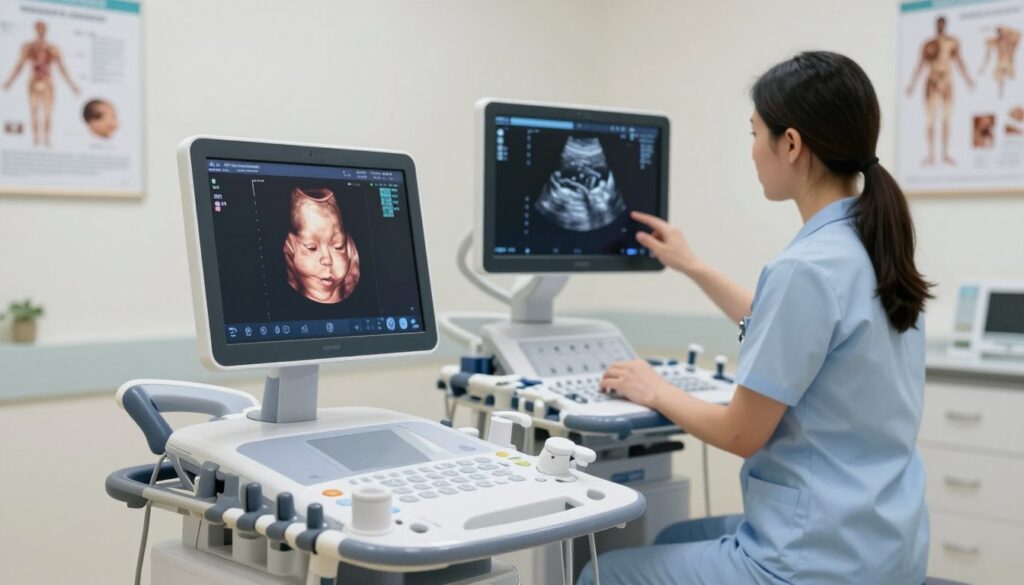 A modern mobile ultrasound device is prominently displayed in the foreground, highlighting its sleek design and intuitive interface. The device is positioned atop a polished medical cart in a well-lit examination room. In the middle ground, a healthcare professional, dressed in professional business attire, attentively examines an ultrasound screen that illustrates a clear, high-resolution image of a fetus, showcasing the exceptional imaging quality. The background features soft, diffused lighting, with medical charts and anatomical posters adorning the walls, creating an atmosphere of clinical professionalism and technological advancement. The overall mood is one of precision and care, emphasizing the diagnostic capabilities of portable ultrasound technology in modern medicine. A modern mobile ultrasound device is prominently displayed in the foreground, highlighting its sleek design and intuitive interface. The device is positioned atop a polished medical cart in a well-lit examination room. In the middle ground, a healthcare professional, dressed in professional business attire, attentively examines an ultrasound screen that illustrates a clear, high-resolution image of a fetus, showcasing the exceptional imaging quality. The background features soft, diffused lighting, with medical charts and anatomical posters adorning the walls, creating an atmosphere of clinical professionalism and technological advancement. The overall mood is one of precision and care, emphasizing the diagnostic capabilities of portable ultrasound technology in modern medicine.