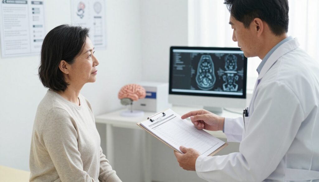 A neurologist's office, focused on a patient preparation scenario. In the foreground, a middle-aged patient, wearing a light, modest sweater, sits on an examination table, appearing attentive and calm. A healthcare professional, dressed in a lab coat, gestures towards a clipboard filled with patient information, emphasizing communication. In the middle, there are medical charts and a computer displaying MRI images, hinting at the diagnostic process. The background features medical charts, a brain model, and soft, natural lighting coming through a window, creating a serene atmosphere. The angle is slightly tilted, capturing both the professional exchange and the comforting environment, imparting a sense of professionalism and trust.