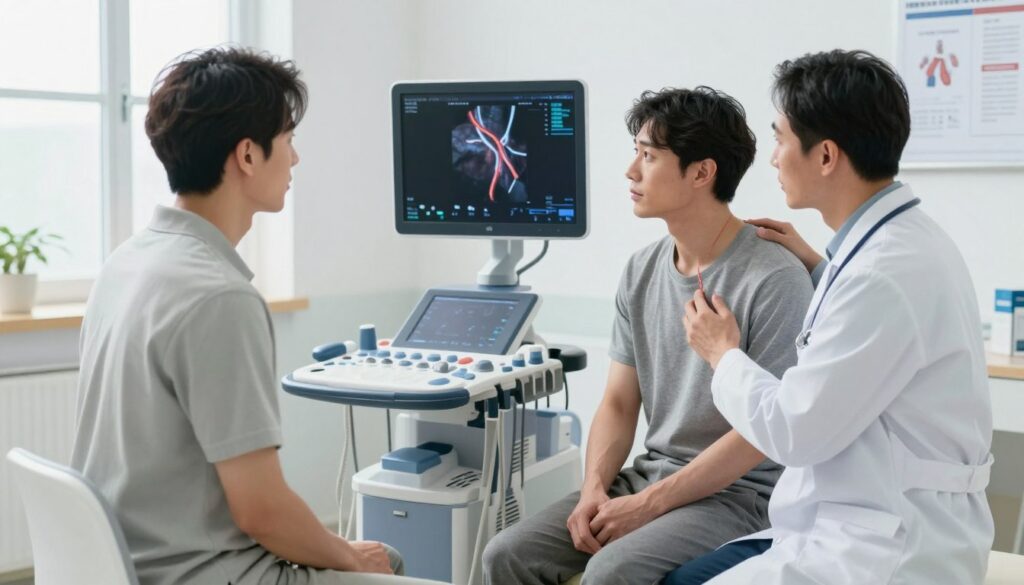 A professional and informative illustration of carotid artery examination indications in a clinical setting. The foreground features a doctor in a white coat, examining a patient seated on an examination table, with a focused expression. The patient is in casual attire, appearing slightly anxious yet cooperative. In the middle ground, a well-equipped ultrasound machine displays a digital image of the carotid arteries, showcasing the technical aspect of the examination. The background includes medical charts and a window allowing natural light, creating a bright and sterile environment. The overall mood is serious yet calming, conveying importance and care in medical evaluation. The composition should have a balanced focus between the doctor, patient, and ultrasound machine, evoking professionalism and attention to patient care.