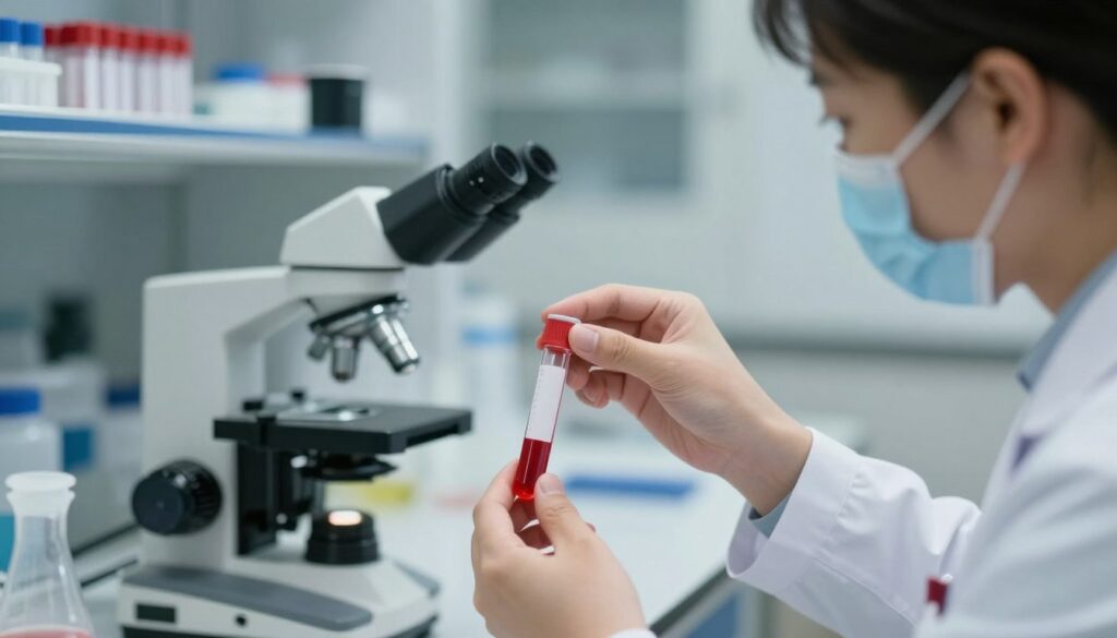 A professional lab setting showcasing a healthcare professional in a white coat, examining a sample of blood in a laboratory. The foreground features a clear glass vial filled with blood, with a focus on the liquid's rich red hue. The middle ground includes a microscope and medical equipment, emphasizing a scientific atmosphere. The background is softly blurred, revealing shelves lined with test tubes and lab supplies. Gentle, diffuse lighting illuminates the scene, casting soft shadows and highlights the professionalism and precision of the environment. The mood is calm and informative, reflecting the seriousness of medical testing for determining a child's gender through alternative methods.