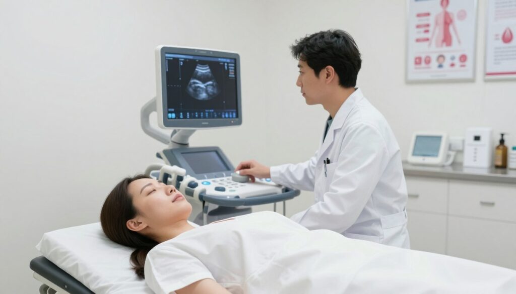 A professional medical setting designed for breast ultrasound examination, featuring a modern ultrasound machine with a monitor displaying an image of breast tissue. In the foreground, a female patient dressed in a modest medical gown appears relaxed, lying comfortably on an exam table. The middle ground reveals a healthcare professional in a white lab coat, concentrating on the monitor while preparing for the procedure. The background shows bright, sterile clinic walls, equipped with medical instruments and educational posters about breast health. Soft, natural lighting enhances the calm atmosphere, emphasizing a sense of care and professionalism, while a slight depth of field focuses on the patient and the healthcare provider, creating an intimate yet clinical environment. A professional medical setting designed for breast ultrasound examination, featuring a modern ultrasound machine with a monitor displaying an image of breast tissue. In the foreground, a female patient dressed in a modest medical gown appears relaxed, lying comfortably on an exam table. The middle ground reveals a healthcare professional in a white lab coat, concentrating on the monitor while preparing for the procedure. The background shows bright, sterile clinic walls, equipped with medical instruments and educational posters about breast health. Soft, natural lighting enhances the calm atmosphere, emphasizing a sense of care and professionalism, while a slight depth of field focuses on the patient and the healthcare provider, creating an intimate yet clinical environment.