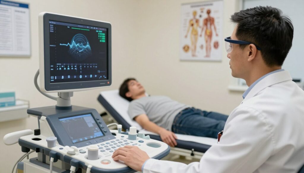 A professional medical setting showcasing a Doppler ultrasound machine in use. In the foreground, a doctor in a white coat, wearing safety goggles, attentively monitors the ultrasound screen, highlighting the intricate wave patterns and blood flow visuals on display. The middle ground features a patient reclining comfortably on an examination table, dressed in modest casual clothing, appearing relaxed and reassured. The background includes soft, diffused lighting to create a calm atmosphere, with medical charts and anatomical posters adorning the walls. The overall mood conveys safety and professionalism, emphasizing the importance of the Doppler method in diagnostics while subtly hinting at its limitations through the medical setup. The angle captures a three-dimensional view of the scene, enhancing the depth and context.