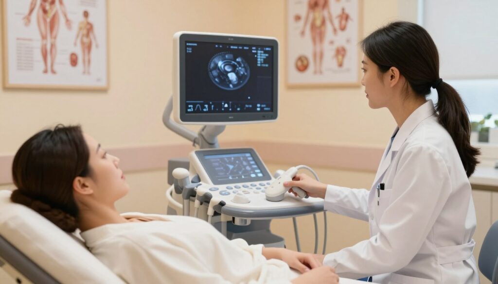 A serene and informative medical setting, focusing on a gynecological ultrasound examination. In the foreground, a caring female medical professional wearing a white lab coat stands beside a patient reclining comfortably on a medical examination table, both appearing relaxed. The medical professional is demonstrating the ultrasound device, emphasizing the importance of timing in the menstrual cycle for the best results. In the middle ground, a sleek ultrasound machine displays a clear image on its screen, illuminating the space with soft, warm light. The background features calming pastel-colored walls adorned with anatomical posters, enhancing the atmosphere of professionalism and care. The scene is captured with a soft focus lens to create a calm and reassuring mood, reflecting trust and competence in women's health.
