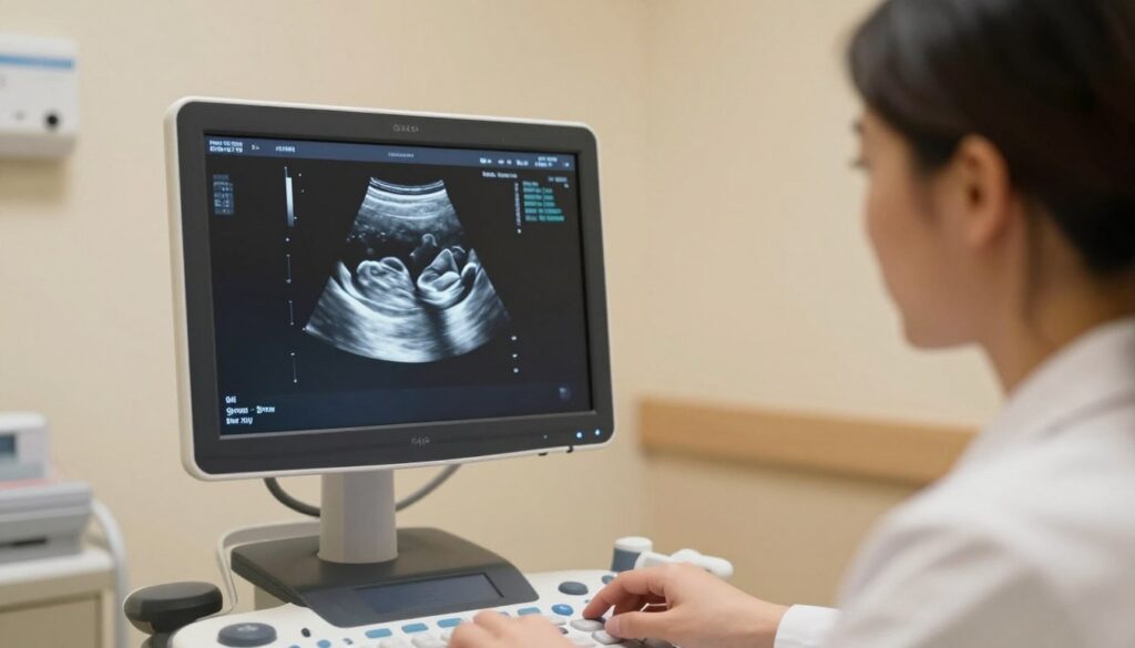 A serene and professional medical ultrasound room showcasing a close-up view of an ultrasound monitor displaying an early pregnancy scan at 9 weeks gestation. The image highlights a clear black-and-white representation of a developing fetus, emphasizing its shape and features. A healthcare professional, dressed in a white lab coat, is attentively examining the scan with a look of focus and determination. The room is softly lit with warm lighting, providing a calming atmosphere. In the background, medical instruments and equipment can be faintly seen, contributing to a clinical yet inviting environment. The composition is shot from a slightly elevated angle to capture both the ultrasound monitor and the professional's engaged expression, conveying a sense of hope and anticipation for expectant parents.