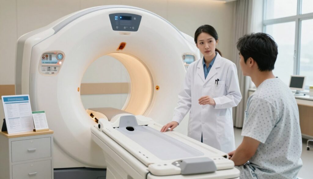 A serene hospital room prepared for a CT scan. In the foreground, a professional female doctor, dressed in a white lab coat, discusses the procedure with a calm male patient wearing a modest hospital gown. The middle section shows a modern CT scanner, sleek and well-lit, with soft, diffused light illuminating the room, creating a welcoming atmosphere. Medical charts and pamphlets are neatly arranged on a table to the side, conveying information about the CT scan. In the background, medical equipment and a faint view of a window with natural light add depth to the image. The overall mood is reassuring and informative, emphasizing a stress-free preparation for the CT scan.