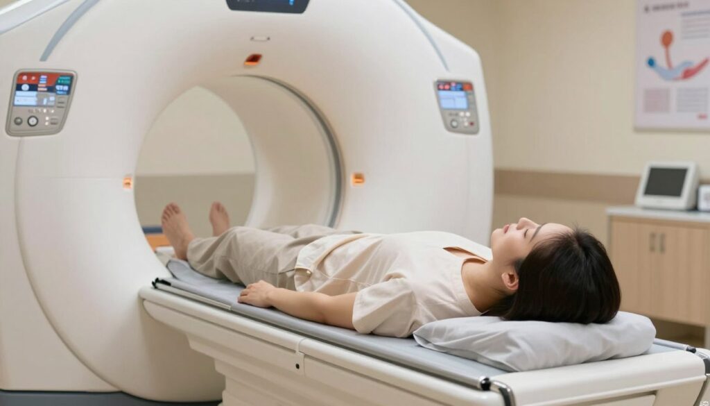 A serene hospital room showcasing a patient comfortably lying on a medical examination table inside an MRI machine. The patient, wearing modest casual clothing, appears relaxed and focused, with gentle lighting that creates a calming atmosphere. The foreground features a close-up of the patient's serene expression, while the middle shows the sleek contours of the MRI machine embracing the patient. In the background, soft colors and subtle healthcare elements, like medical posters and equipment, evoke a sense of professionalism and care. The scene captures the essence of comfort and reassurance during an MRI procedure, conveying a mood of tranquility and safety. The image is well-lit, with soft, even lighting enhancing the inviting environment.