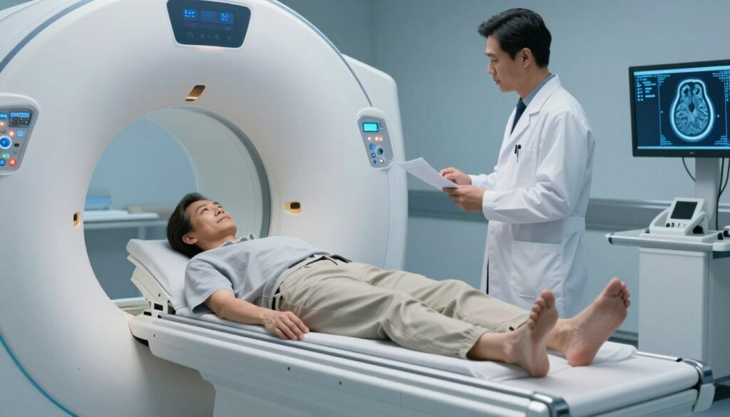 A serene hospital setting where a patient is lying inside an MRI machine. The foreground showcases the MRI machine, sleek and technologically advanced, with soft blue and white lighting illuminating the scene. In the middle ground, a healthcare professional in a white lab coat stands attentively beside the machine, examining the patient's medical records. The patient, portrayed as a middle-aged individual in modest casual clothing, appears calm and relaxed, conveying trust in the medical process. In the background, a subtle depiction of a digital screen displaying brain scans, hinting at the diagnostic nature of the scene. The atmosphere is one of professionalism and hope, with gentle lighting creating a reassuring environment.