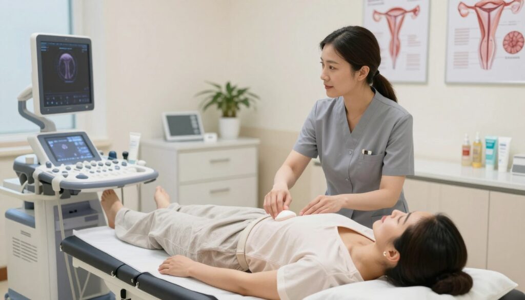 A serene, medical examination room setting focused on a transvaginal ultrasound procedure. In the foreground, a patient, dressed in modest, comfortable clothing, lies on an examination table, looking relaxed and guided by a healthcare professional. The healthcare provider, in professional business attire, explains the procedure with a reassuring expression. Incorporate medical equipment such as an ultrasound machine and gel tubes nearby. In the middle ground, a vibrant, well-organized space with soft lighting casts a calm atmosphere, promoting a sense of trust and professionalism. The background features medical posters illustrating gynecological health. Capture the scene from a slightly elevated angle to provide a comprehensive view, ensuring the atmosphere is both informative and compassionate.