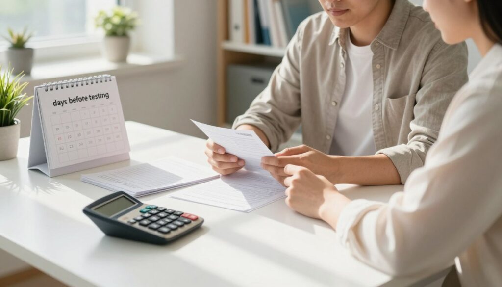 A serene medical setting illustrating the concept of "days before testing." In the foreground, a calculator, a calendar, and medical charts are meticulously arranged on a clean, white desk. In the middle, a patient dressed in modest casual clothing is seated, thoughtfully reviewing their information. Soft natural light streams in from a window, casting gentle shadows, creating a calm atmosphere. The background features a well-organized medical office with potted plants and shelves filled with medical books, emphasizing professionalism and tranquility. The angle is slightly elevated, providing a comprehensive view of the space, while maintaining a focus on patient preparation. The overall mood conveys a sense of anticipation and clarity in the healthcare process.