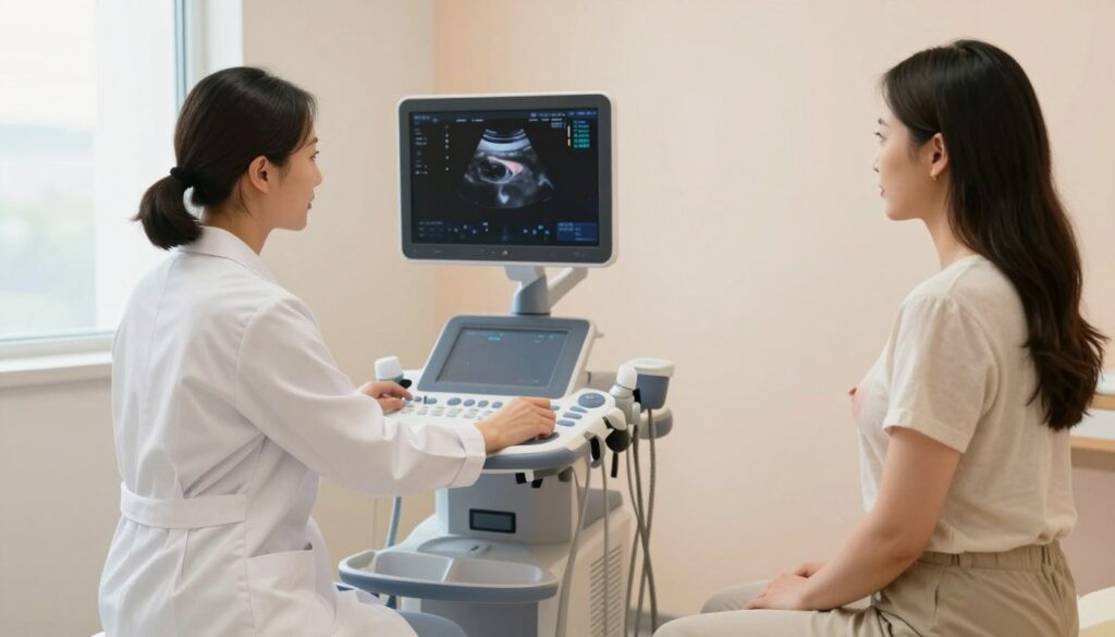 A serene, professional setting depicting a well-lit medical examination room. In the foreground, a qualified female healthcare professional, dressed in a crisp white lab coat and minimalistic scrubs, is gently explaining the process of breast ultrasound to a patient. The patient, in modest casual clothing, listens attentively while seated comfortably on the examination table. In the middle, a high-tech ultrasound machine is positioned prominently, with its screen displaying a clear, abstract image of breast tissue. The background features soft, calming walls painted in light pastel colors, and a large window allowing natural light to filter in, creating a warm and welcoming atmosphere. The overall mood is informative and reassuring, emphasizing the accessibility and importance of breast health examinations at any cycle stage. A serene, professional setting depicting a well-lit medical examination room. In the foreground, a qualified female healthcare professional, dressed in a crisp white lab coat and minimalistic scrubs, is gently explaining the process of breast ultrasound to a patient. The patient, in modest casual clothing, listens attentively while seated comfortably on the examination table. In the middle, a high-tech ultrasound machine is positioned prominently, with its screen displaying a clear, abstract image of breast tissue. The background features soft, calming walls painted in light pastel colors, and a large window allowing natural light to filter in, creating a warm and welcoming atmosphere. The overall mood is informative and reassuring, emphasizing the accessibility and importance of breast health examinations at any cycle stage.