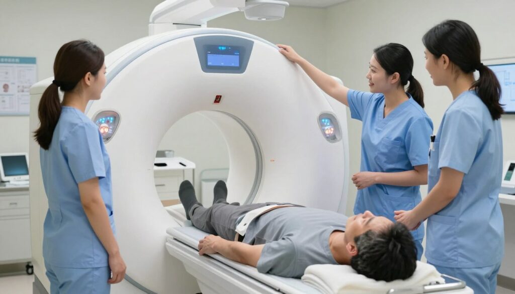A sterile medical environment featuring a patient preparing for a head MRI scan. In the foreground, a calm, middle-aged individual in modest casual clothing lies on a medical table, surrounded by friendly healthcare professionals in professional attire. One nurse is explaining the procedure, while another adjusts the MRI machine above the patient, which emits soft blue and white lighting. In the middle ground, the advanced MRI machine stands prominently, showcasing its sleek design and scanning apparatus. The background is softly blurred, depicting a clean, well-lit examination room with medical charts and equipment, creating a supportive and reassuring atmosphere. The overall mood is tranquil and focused, emphasizing the importance of preparation for the diagnostic procedure.