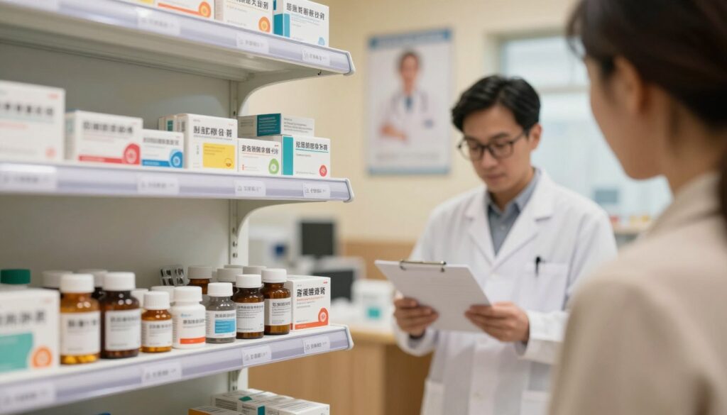 A well-organized pharmacy shelf filled with various prescribed medications, labeled clearly for easy identification. In the foreground, focus on a few pill bottles and blister packs, neatly arranged. The middle layer features a healthcare professional in a lab coat, wearing glasses and examining a patient’s medical chart, emphasizing the importance of understanding medications before undergoing a CT scan. In the background, a softly lit consultation room with medical posters related to patient care and preparation for medical procedures. The overall atmosphere is calm and informative, conveying a sense of reassurance and professionalism. The lighting is warm and inviting, highlighting the seriousness of the topic while maintaining a stress-free environment.