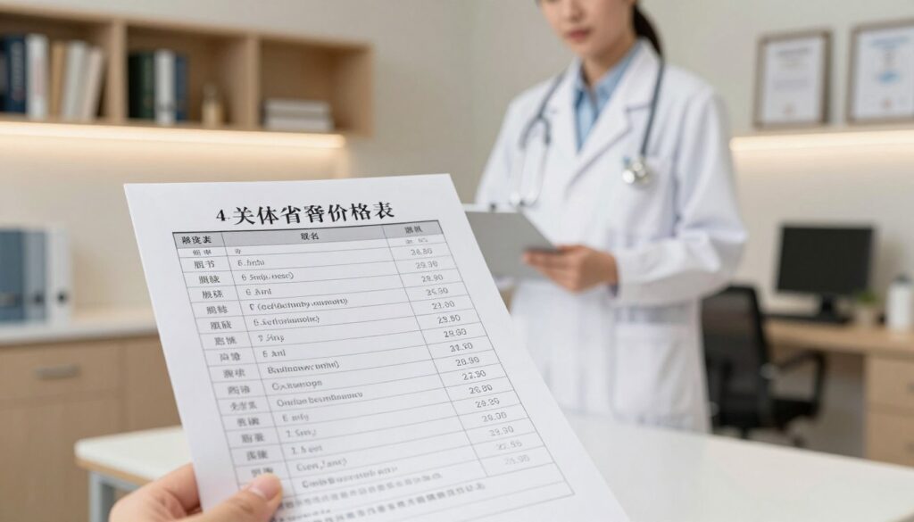 An informative and visually engaging image showcasing a price list for various medical imaging services, particularly for joint resonance examinations. In the foreground, a neatly arranged table displaying a list of medical tests, including headings for joints, spine, abdomen, pelvis, and prostate. The table is set in a modern, well-lit medical office environment, with sleek furniture and neutral color tones to convey professionalism. In the middle ground, a healthcare professional, dressed in a white lab coat, stands beside the table, thoughtfully reviewing the price list. The background features shelves with medical books and framed certificates, illuminated by soft, warm lighting, creating a calm and informative atmosphere. The composition emphasizes clarity and professionalism, ideal for a medical article.