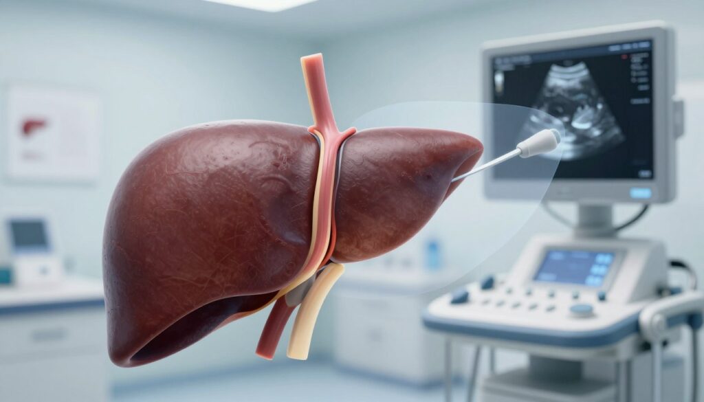 Anatomically accurate image of a human liver, highlighted with contrast enhancement, to depict a medical illustration. The foreground should show the liver in meticulous detail, featuring its textures and vascular structures. In the middle ground, a transparent overlay can illustrate the process of ultrasound imaging, with high-tech equipment like a transducer pointed towards the liver. The background should be a softly lit medical environment, suggesting a clinical atmosphere, with faint outlines of medical devices and charts. The lighting should be soft yet focused, emulating the feel of a professional examination setting, promoting a sense of trust and care in medical imaging. Avoid any human figures to keep the focus purely on the anatomical subject.