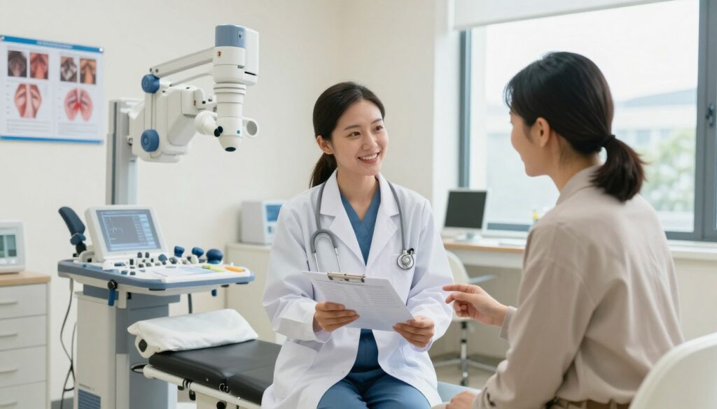 A beautifully detailed scene depicting a modern medical office focused on health care. In the foreground, a smiling healthcare professional in a white coat is discussing a medical report with a patient, who looks attentive and engaged, both wearing professional attire. The middle ground features a high-tech examination room, with diagnostic equipment like an X-ray machine and charts about nasal sinus health displayed on the walls. In the background, soft, natural light filters through large windows, creating an inviting atmosphere with light-colored walls and contemporary furniture. The mood should communicate professionalism, trust, and clarity in a health-related context, perfect for illustrating health services related to RTG examinations. The composition should be clean and well-organized, emphasizing a cooperative doctor-patient relationship.