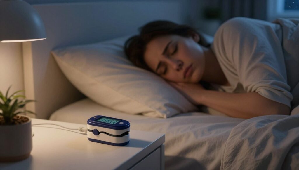 A calming nighttime bedroom scene depicting a person sleeping peacefully, their face serene yet with a slight hint of distress. In the foreground, a pulse oximeter rests on the bedside table, displaying low oxygen saturation levels. The middle ground features a cozy bed with soft, neutral-colored sheets and a gentle nightlight casting a warm glow. In the background, a faint silhouette of a window reveals a starry night sky, enhancing the overall feeling of tranquility mixed with concern. The lighting is soft and ambient, creating a soothing atmosphere, while the angle focuses on the bedside table in sharp detail, emphasizing the pulse oximeter as a crucial element. This image should evoke a sense of awareness regarding nighttime breathing issues.