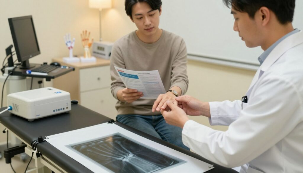 A clinical examination room focused on preparing for a wrist examination. In the foreground, a healthcare professional in a lab coat is demonstrating correct wrist positioning on a radiology table with an x-ray machine nearby. In the middle, a patient, dressed in modest casual clothing, is sitting comfortably, looking at informational materials about the procedure, appearing calm and reassured. The background features medical equipment, anatomical models of the wrist, and a soft, warm light illuminating the room, creating a welcoming atmosphere. The angle is a slightly high view capturing the interaction and details of preparation while ensuring a professional and educational tone.