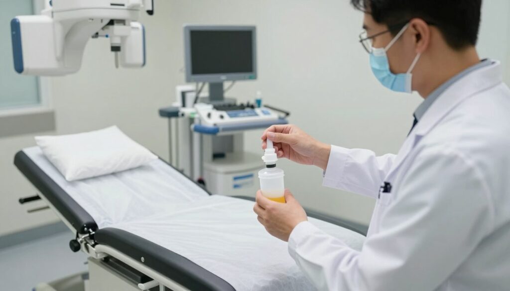 A clinical examination room set up for an esophageal imaging procedure. In the foreground, a medical professional in a white lab coat prepares a contrast solution, demonstrating a focused and attentive demeanor. In the middle, a medical examination table is visible, equipped with a comfortable pillow and sheets, emphasizing cleanliness and sterility. In the background, medical equipment such as an X-ray machine and monitors are positioned, contributing to the advanced technology ambiance of the room. The lighting is bright and clinical, casting a clear, professional atmosphere, with soft shadows. The overall mood is calm and organized, reflecting the seriousness of medical preparation while assuring comfort for the patient. The image excludes any people in revealing clothing and maintains a strictly professional context.